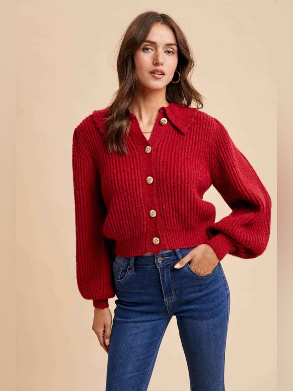 Women's Red Ribbed Cardigan with Gold Buttons